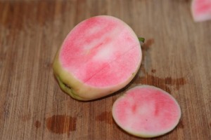 This amazing apple was not much to look at but when I cut it open...PINK!