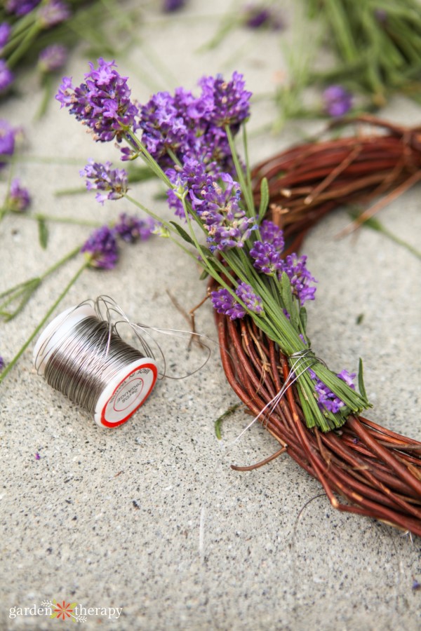 adding lavender bundles to wreath