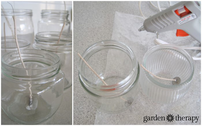 How to Make Soy Beeswax mason jar candles - glueing wicks