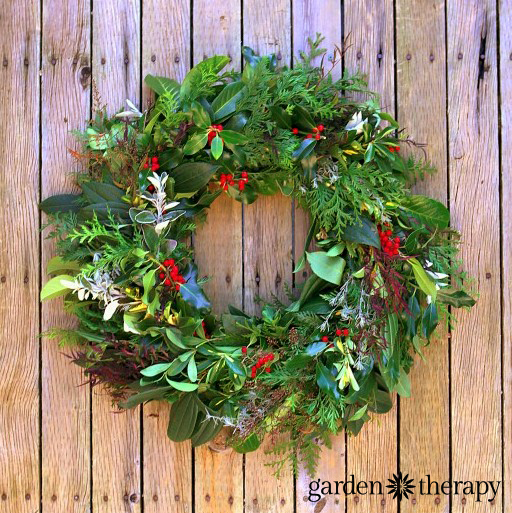This evergreen wreath is made completely from trees and shrubs in the garden