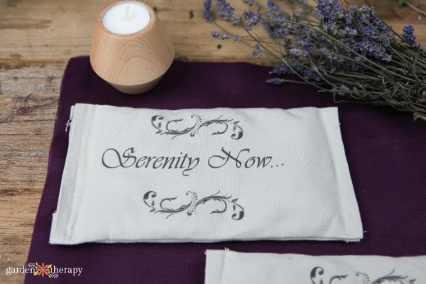 DIY lavender eye pillow for sleep with the text "Serenity Now"
