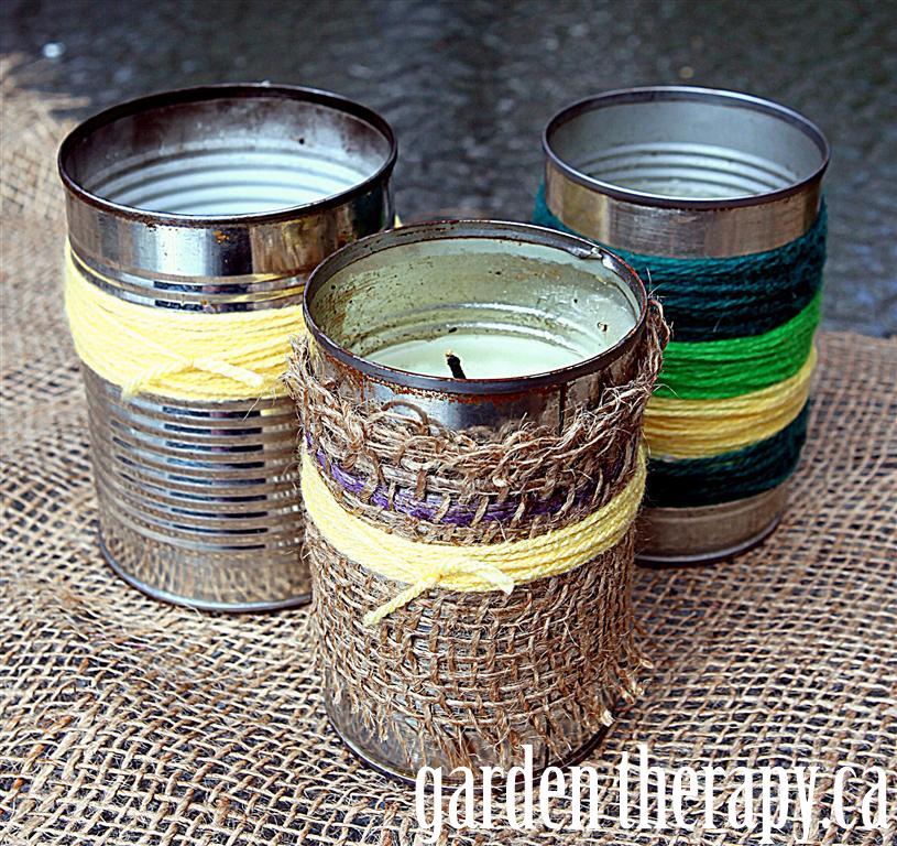 burlap and yarn wrapped cans