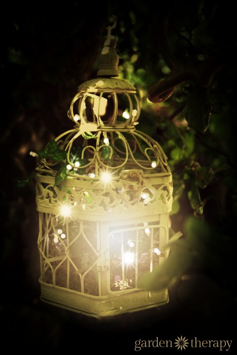 birdcage outdoor garden light with warm white string lights