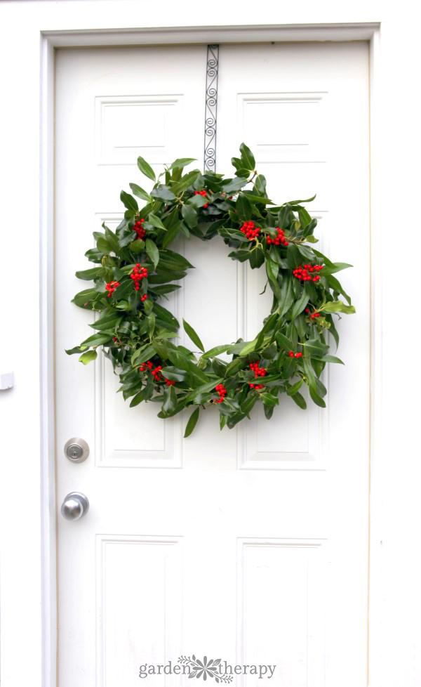 fresh holly wreath dotted with bright red berries on a white door