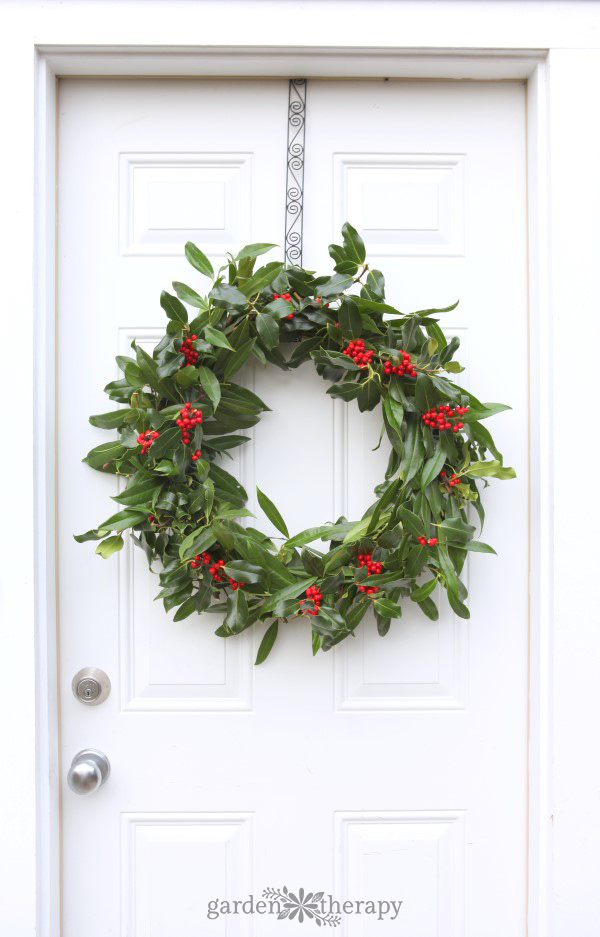fresh holly wreath dotted with bright red berries hanging on a white front door