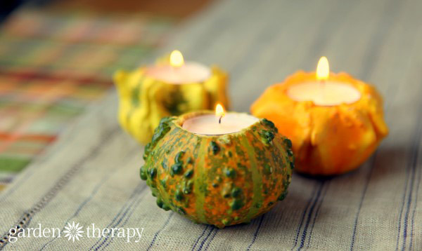 3 gourds that have candles burning in the middle of them