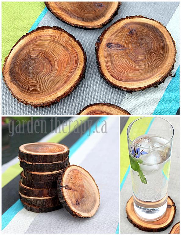 collage of branch coasters made from a Christmas tree