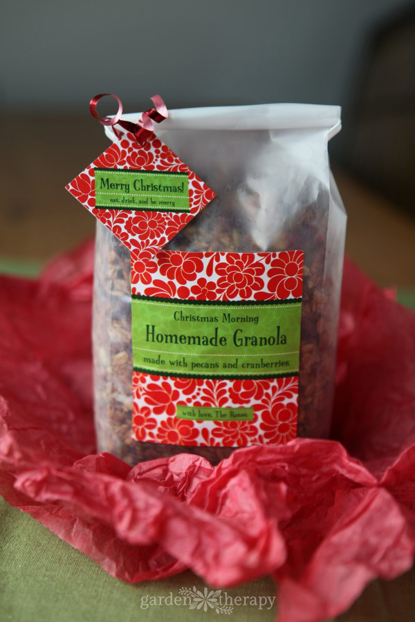 Christmas tags on homemade granola bag with red tissue paper