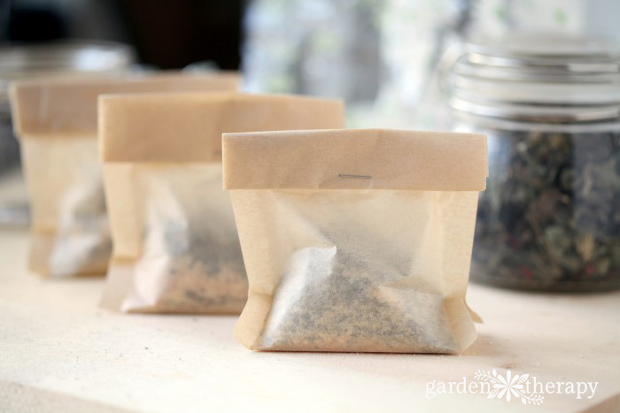 homemade tub tea bags in a row