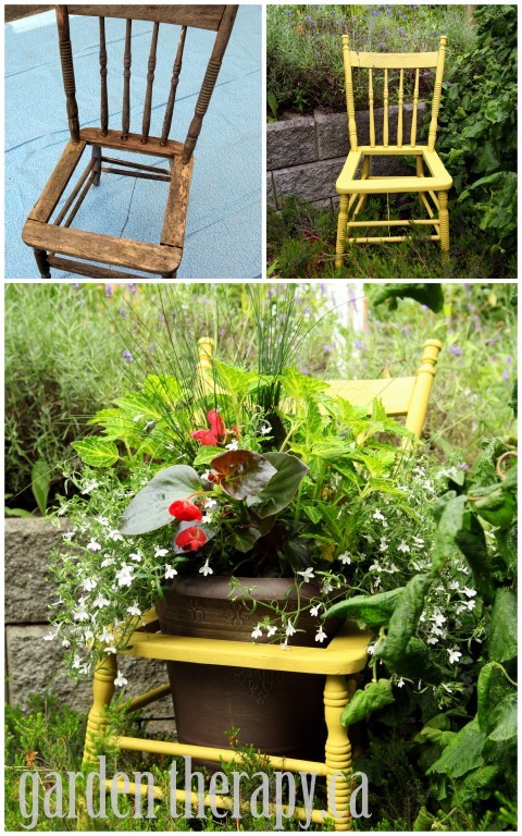 Recycled Chair Planter Project Before and After via garden therapy