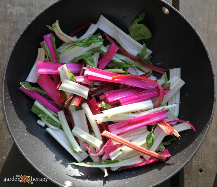 Chopped Chard stems in a pot