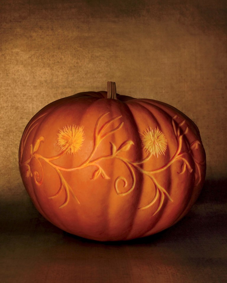 etched pumpkin carving design - vines and blooms