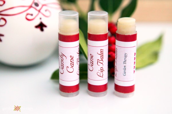 3 peppermint lip balm tubes with an ornament and red berries in the background