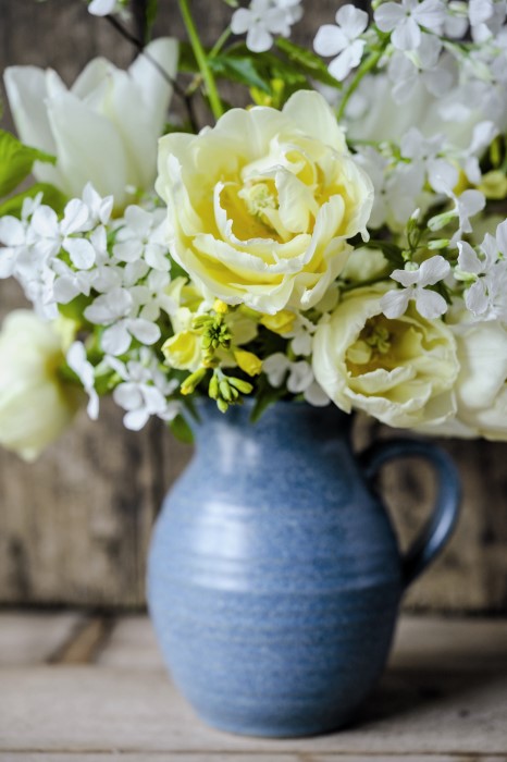 beautiful blue and white home grown flower arrangement