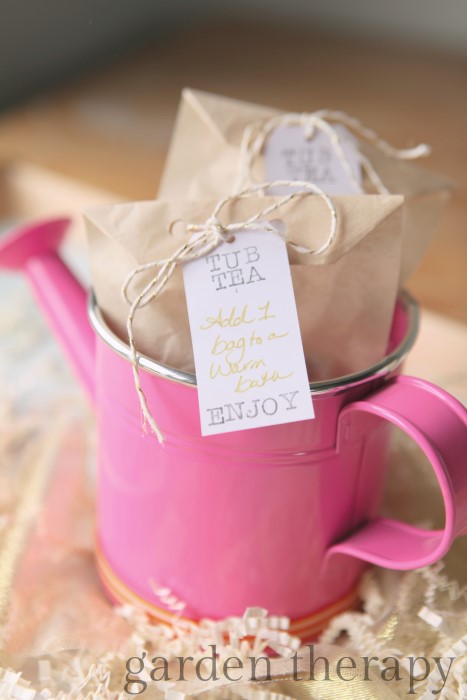 Simple Mother's Day Gift - Tub Teas filled with garden herbs and flowers in a watering can