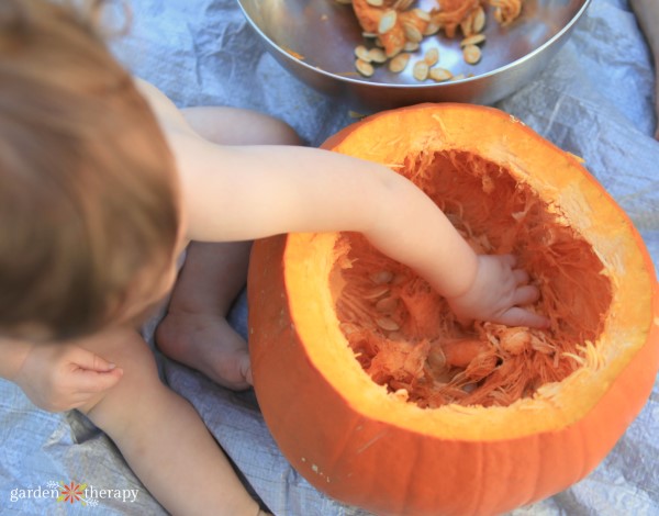 Niño metiendo su mano dentro de una calabaza ahuecada para jugar con las tripas