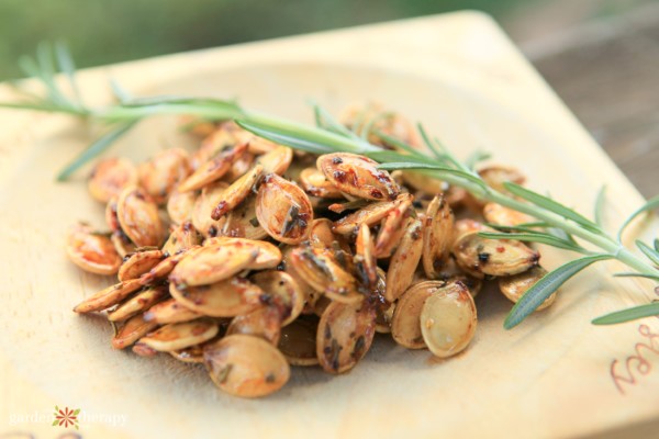 roasted pumpkin seeds with a sprig of rosemary