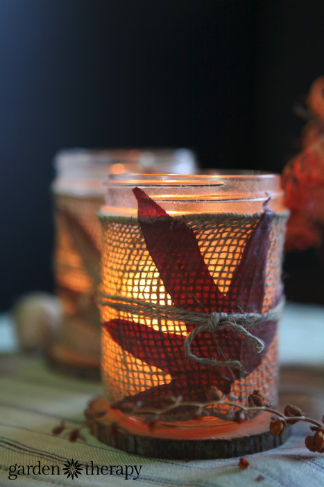 burlap wrapped mason jar fall candle craft