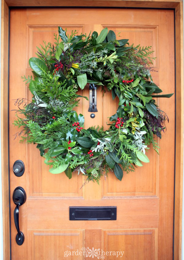 evergreen wreath on front door