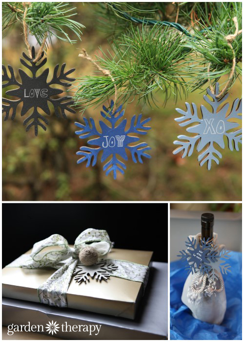 Use chalkboard painted wood ornaments as gift tags making the wrapping part of the gift!