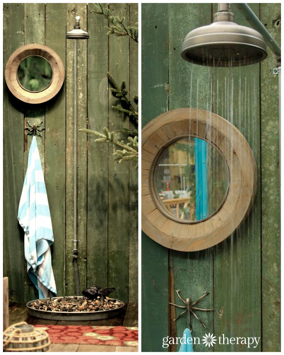 An outdoor shower fountain from the Blue Greenhouse Seaside Garden Design Feature