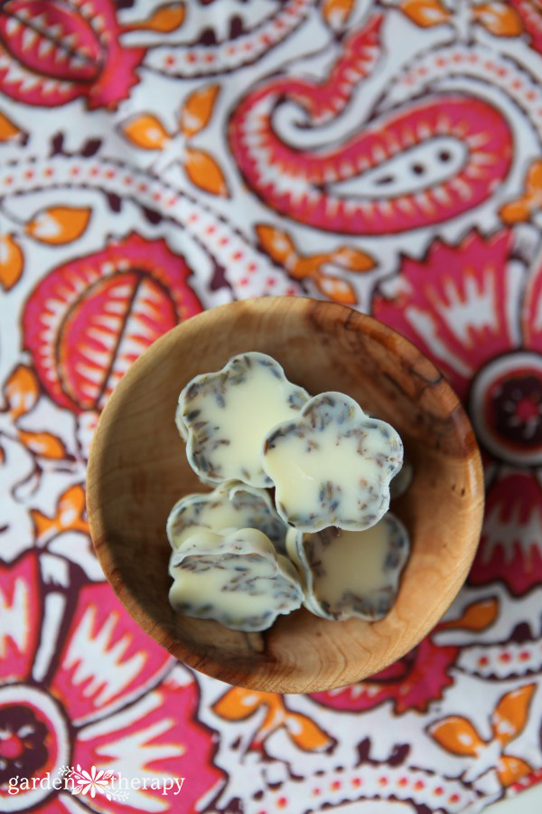 Lavender and Cocoa Butter Bath Melts in wooden bowl