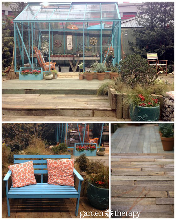 Seaside Garden greenhouse and weathered reclaimed wood decking