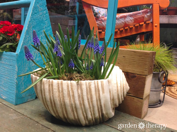 large shell planter from the Blue Greenhouse Seaside Garden Design Feature