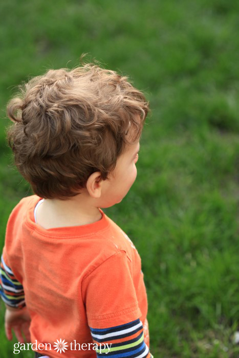 Child looking out at an organic lawn