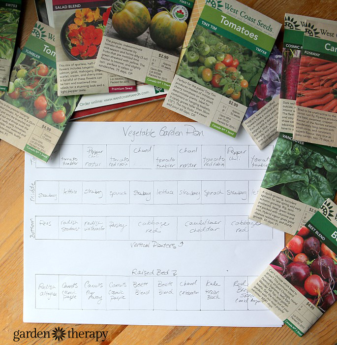 vegetable garden plan with seed packets