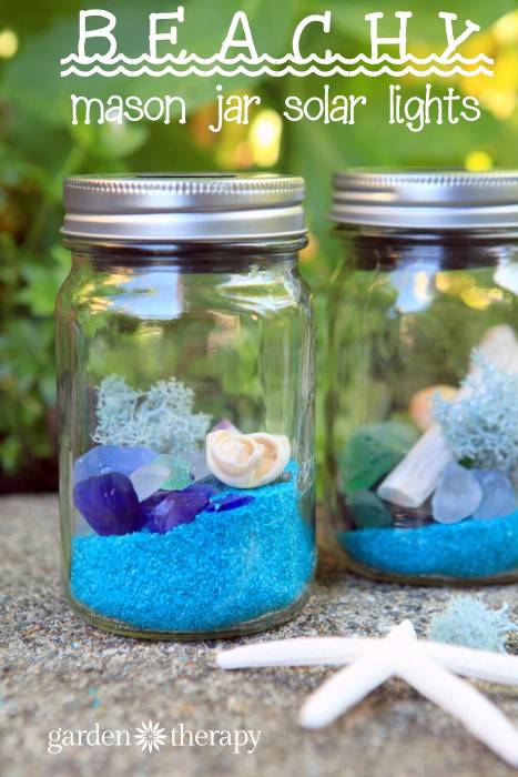 This simple project shows you how to make Beach Mason Jar Solar Lights - this would be a great idea for a weeding or beach party