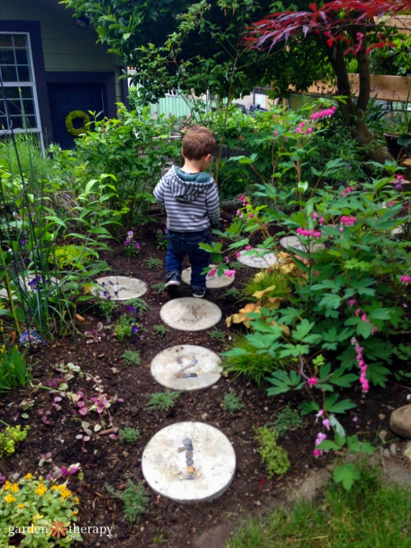 A hopscotch garden pathway for children