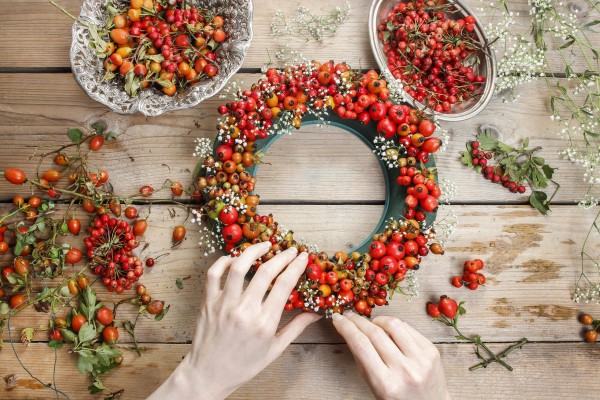 Making a diy rose hips wreath