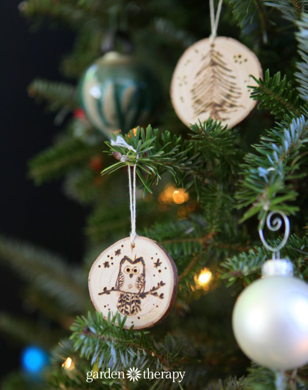 Owl Christmas Tree Wood Slice Ornaments from the book Garden Made