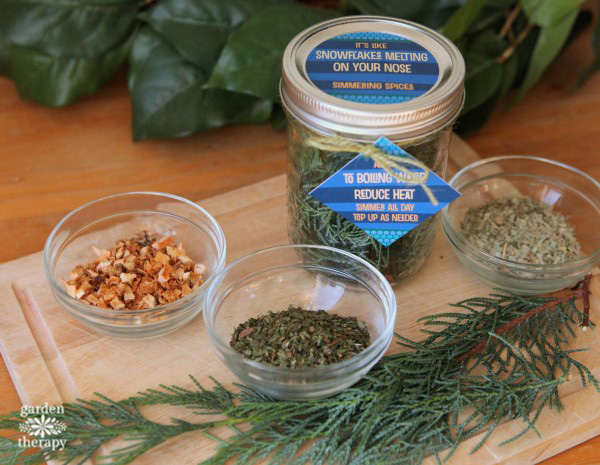 stovetop potpourri ingredients in glass bowls