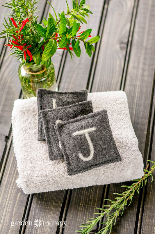 Felted drawer fresheners made with herbs and monogrammed