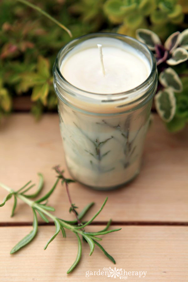 Gorgeous Mason Jar Candles with Pressed Garden Herbs and Evergreen Essential Oils