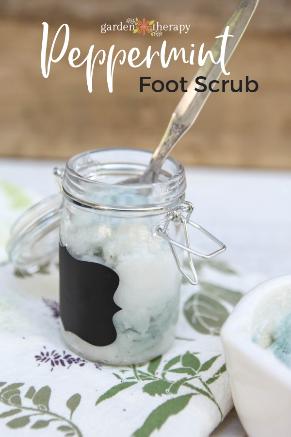 Peppermint sugar scrub in a jar with spoon