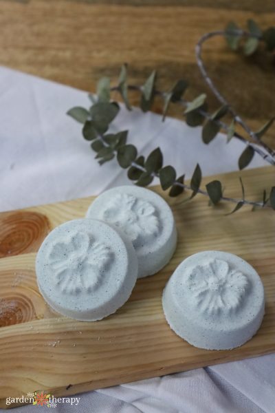 Flower-shaped shower steamers with eucalyptus leaves in background.