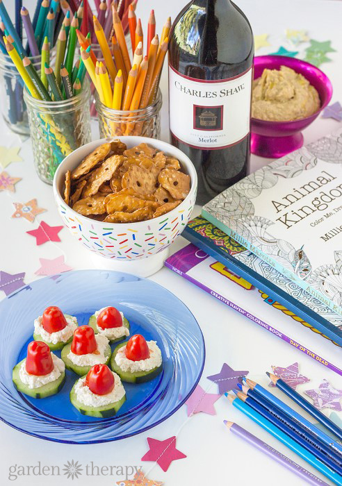 If you are looking for simple way to get creative with colleagues or to add some art therapy to your book club, here are some creative ideas for hosting a hip coloring party that trades in the sippy cup for a wine glass.