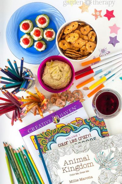 If you are looking for simple way to get creative with colleagues or to add some art therapy to your book club, here are some creative ideas for hosting a hip coloring party, that trades in the sippy cup for a wine glass.