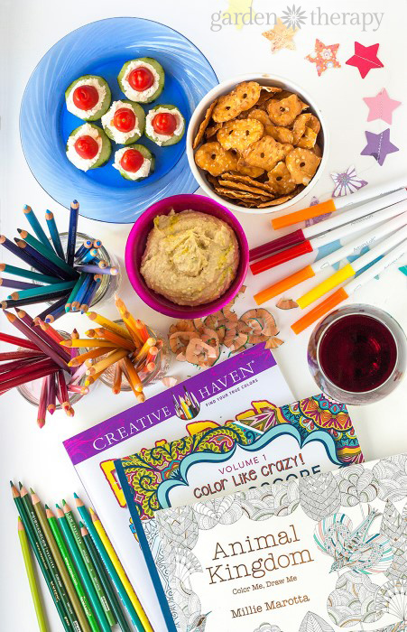 If you are looking for simple way to get creative with colleagues or to add some art therapy to your book club, here are some creative ideas for hosting a hip coloring party that trades in the sippy cup for a wine glass.