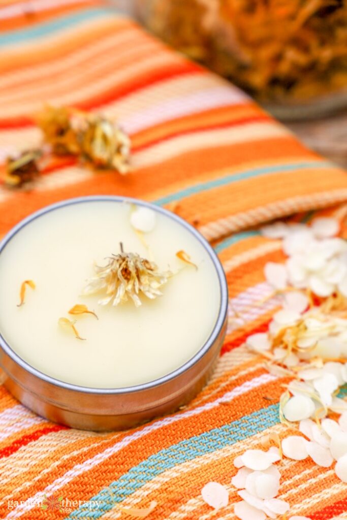 homemade calendula salve in a tin