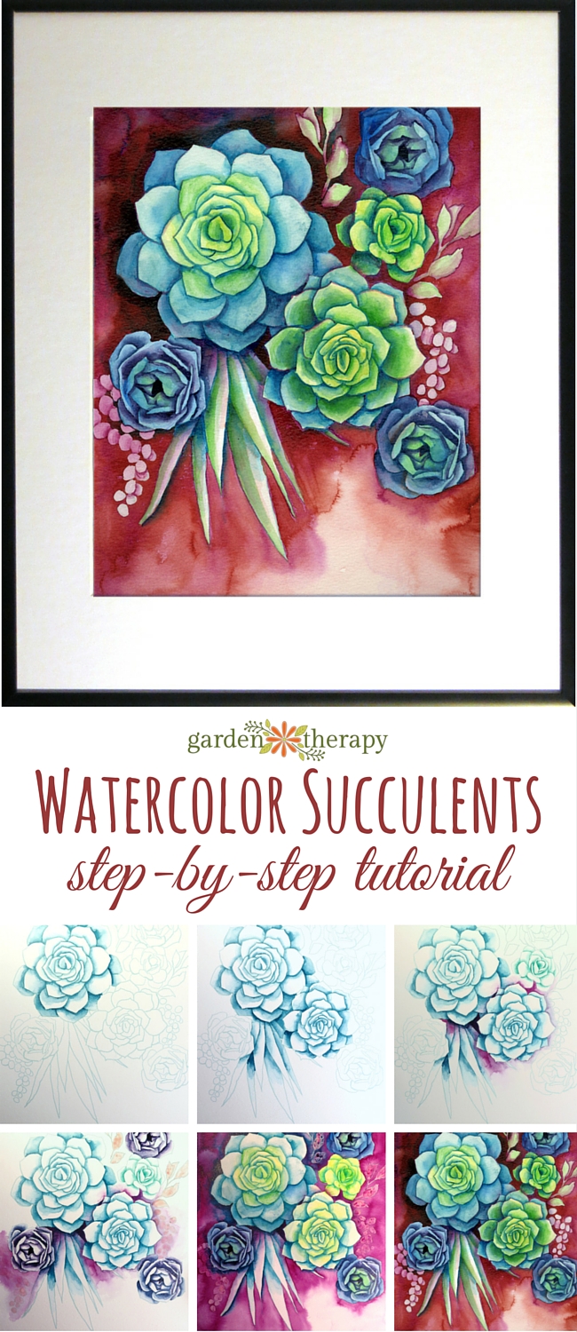 Step by step instructions for how to make this watercolor succulents painting with a downloadable pattern