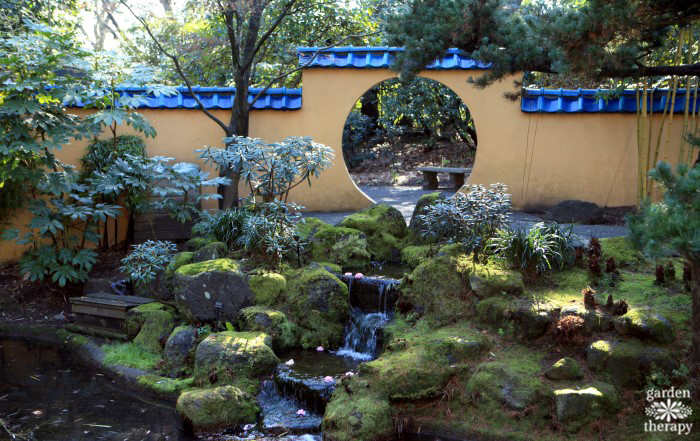 Japanese garden with a circle moon gate design