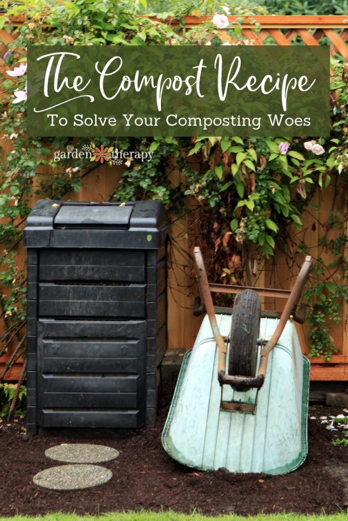 Wheelbarrow next to a compost bin with copy "The Compost Recipe to Solve Your Composting Woes"