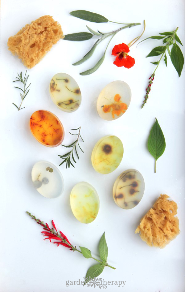 Clear soap bars with flowers, herbs, and leaves inside of them. 