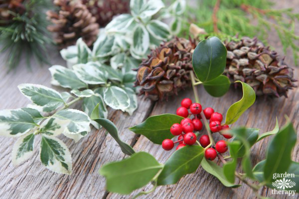 holiday greenery laying on wood surface