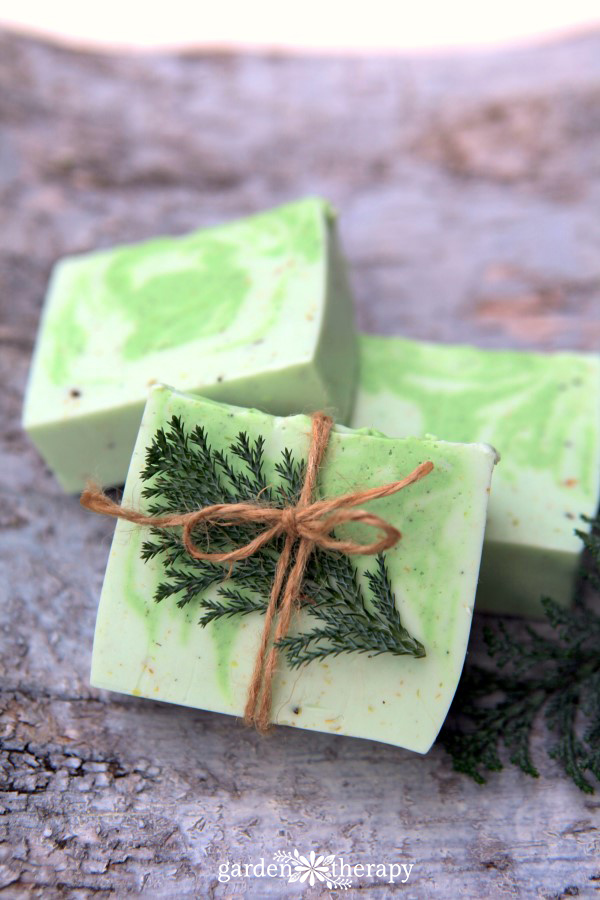 Green swirl soap blocks as a homemade gift with twine and greenery