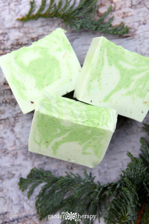 Swirly green and white soap with evergreen decor